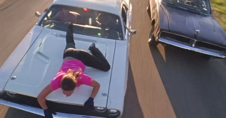 Death Proof (2007) action scene on muscle car